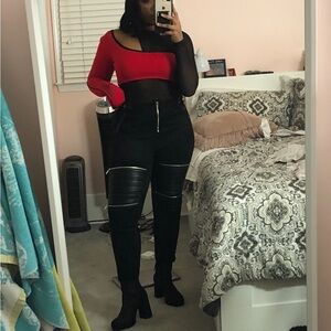 MDV Red and Black Off-Shoulder Top with Black Pants Full Set